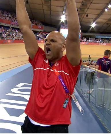 Peter Maharaj celebrating trackside at the London 2012 Olympic velodrome
